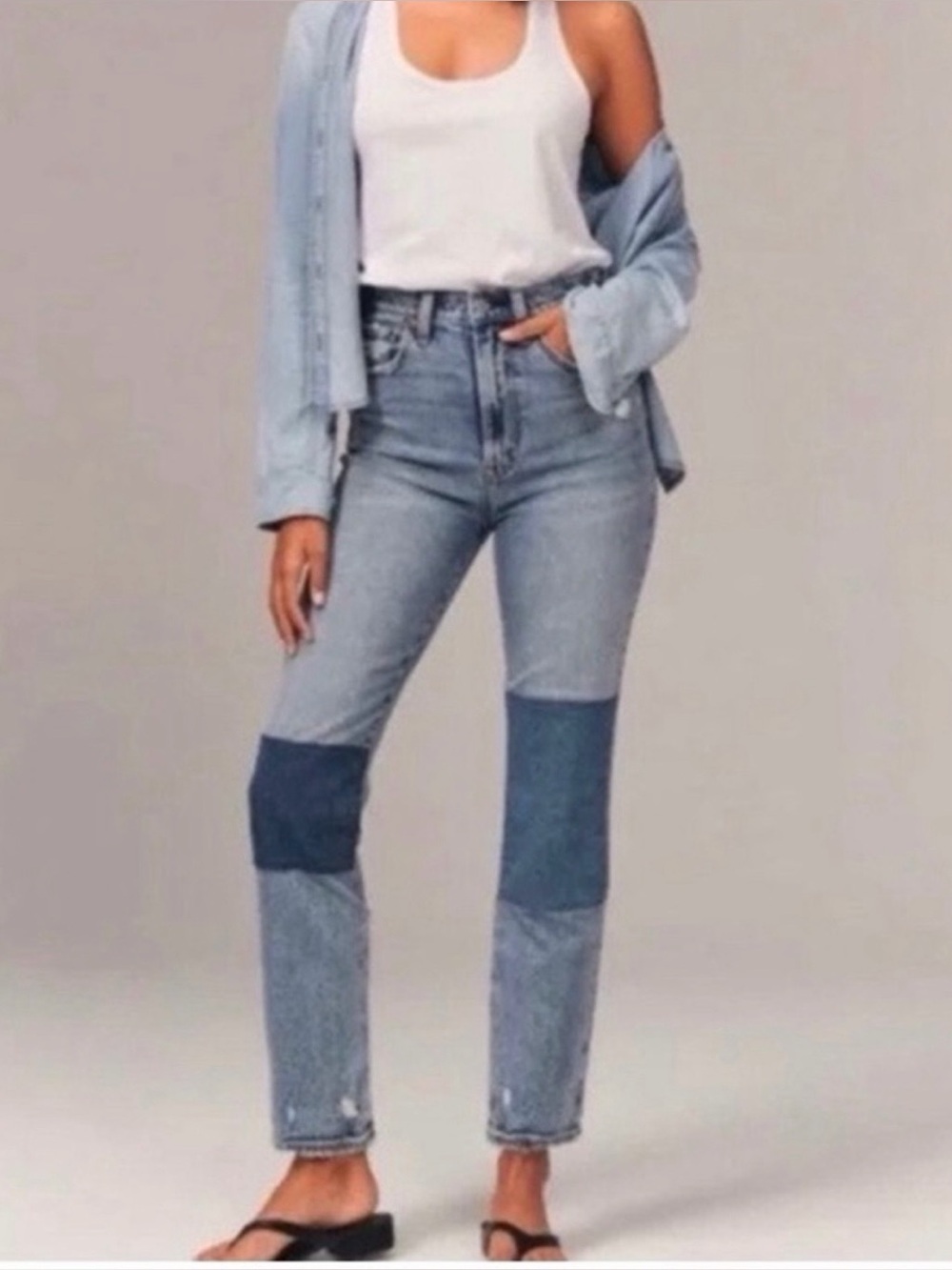 Abercrombie High-Waist Two-Tone Patch Denim Jeans - Light Blue
